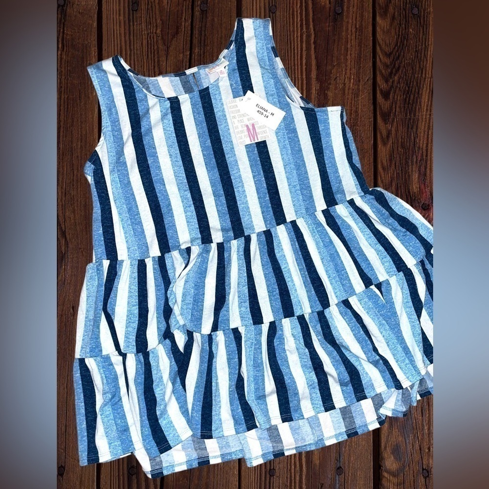 LuLaRoe Women’s Medium Eliana Tiered Tank Top • Blue Vertical Stripes Sleeveless - Picture 7 of 13